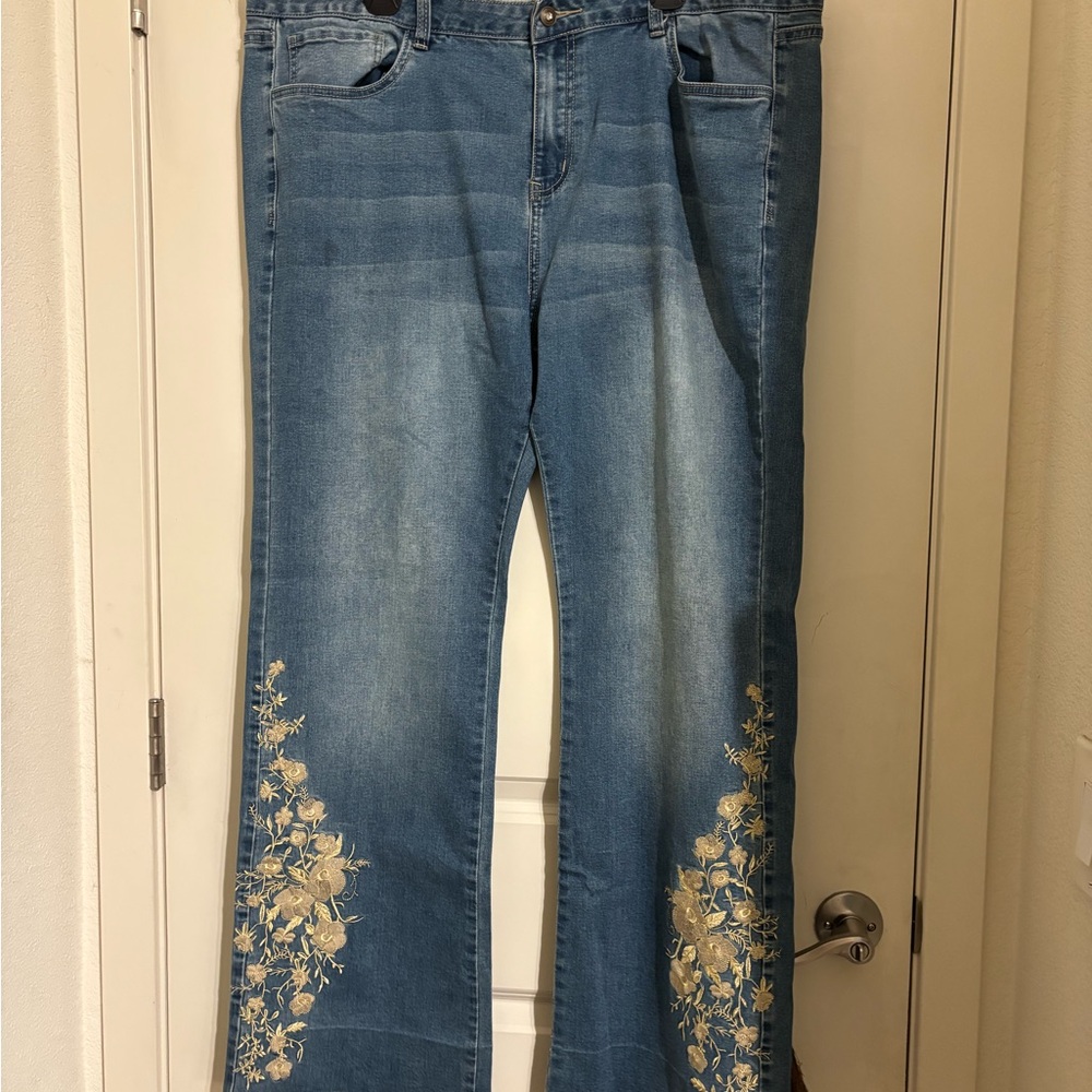 K Jordan Blue Jeans with Gold Floral Embroidery